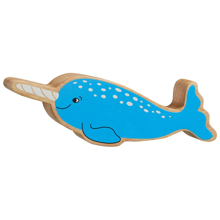 Natural wood narwhal toy in blue with unique wood grain design, perfect for children's playful collections at Acorn & Pip.