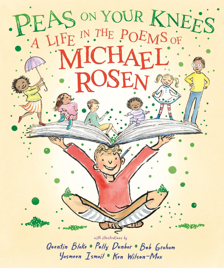 Book cover of 'Peas on Your Knees' with illustrations of children and a child reading, featuring the title and author's name.