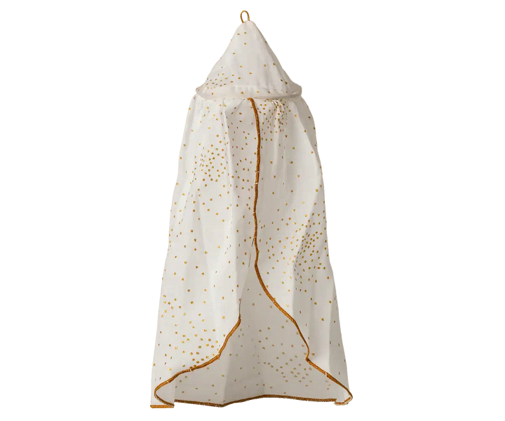 miniature bed canopy off white with gold details, perfect for adding charm to any child's bedroom.
