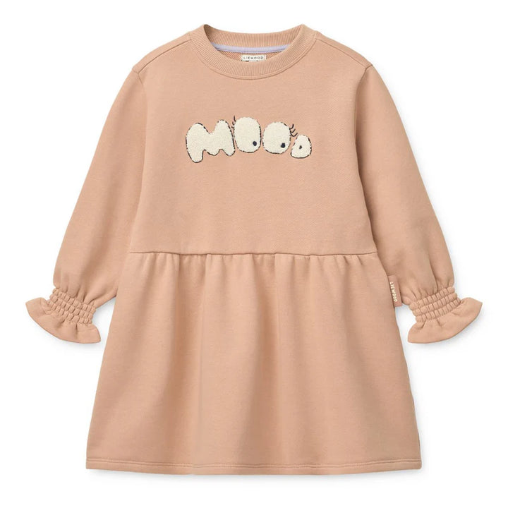 Liewood children's organic cotton sweatdress in pale tuscany, featuring frill cuffs and playful 'MOO' design.