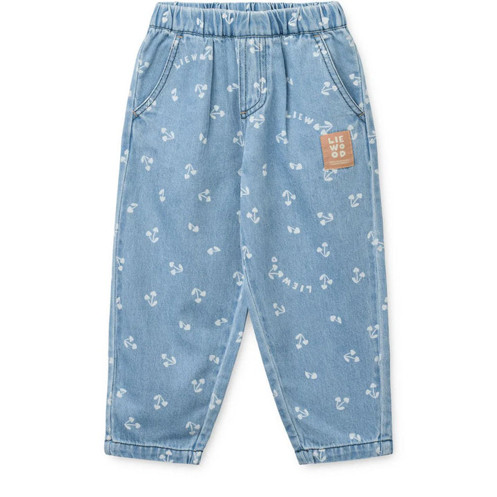Liewood children's loose fit denim pants in light denim with cherry heart print for playful comfort and style.