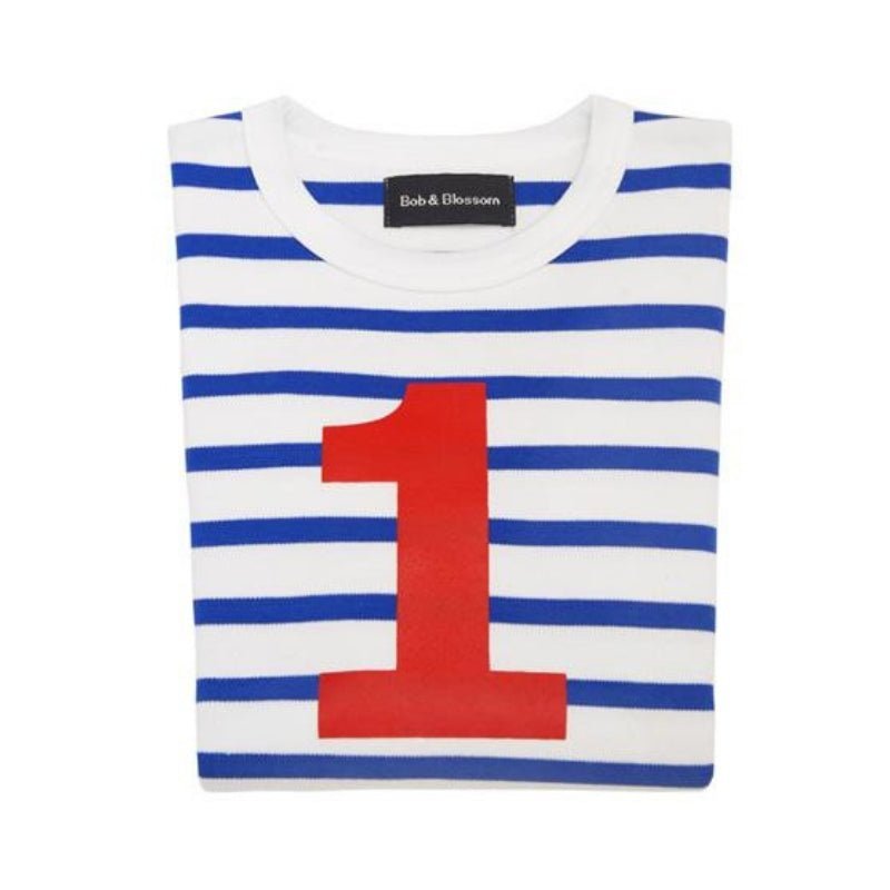 Bob & Blossom: French Blue & Cream White Stripe Number 1 T-Shirt - Acorn & Pip_Bob & Blossom