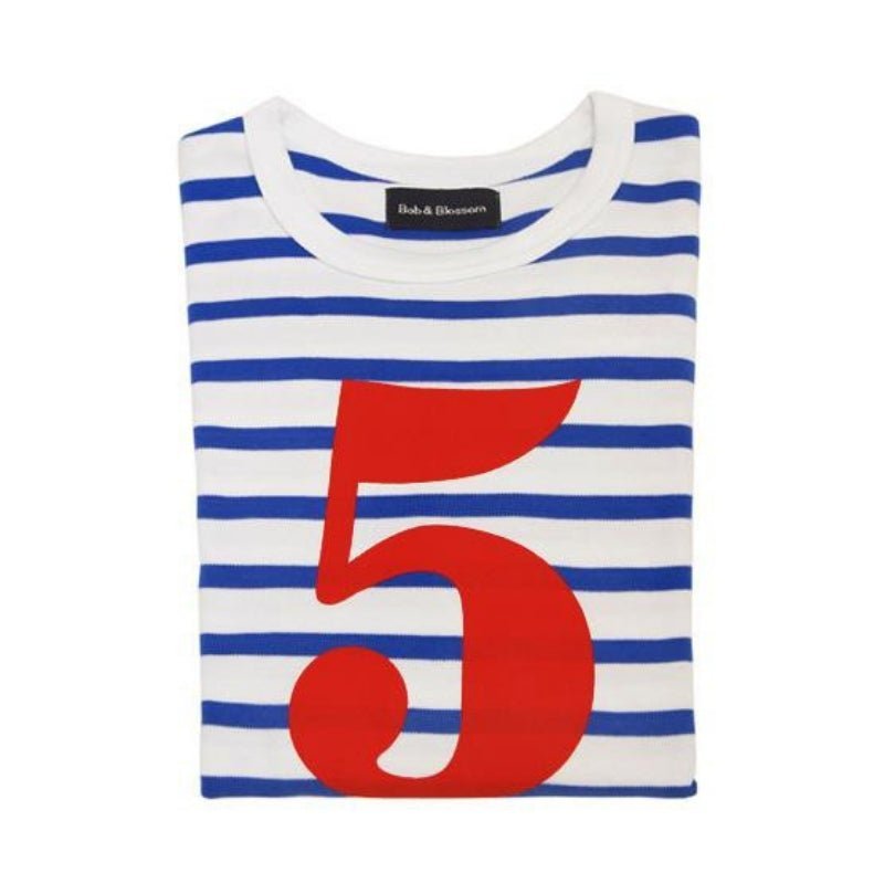 Bob & Blossom: French Blue & Cream White Stripe Number 5 T-Shirt - Acorn & Pip_Bob & Blossom