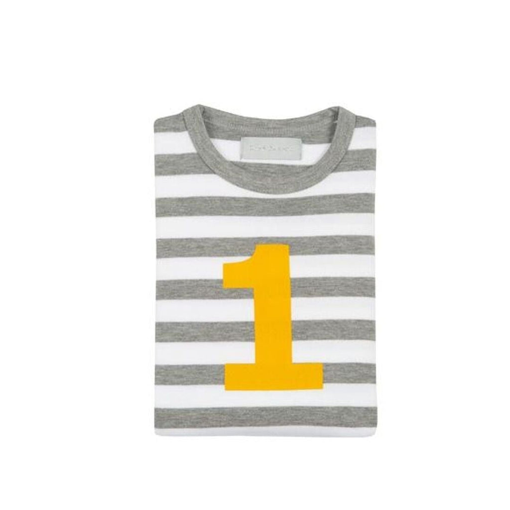 Bob & Blossom: Grey Marl & White Breton Striped Mustard Number 1 T-Shirt - Acorn & Pip_Bob & Blossom