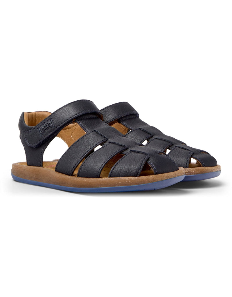 Camper: Bicho Kids Velcro Closed Toe Sandals - Navy Blue Leather - Acorn & Pip_Camper