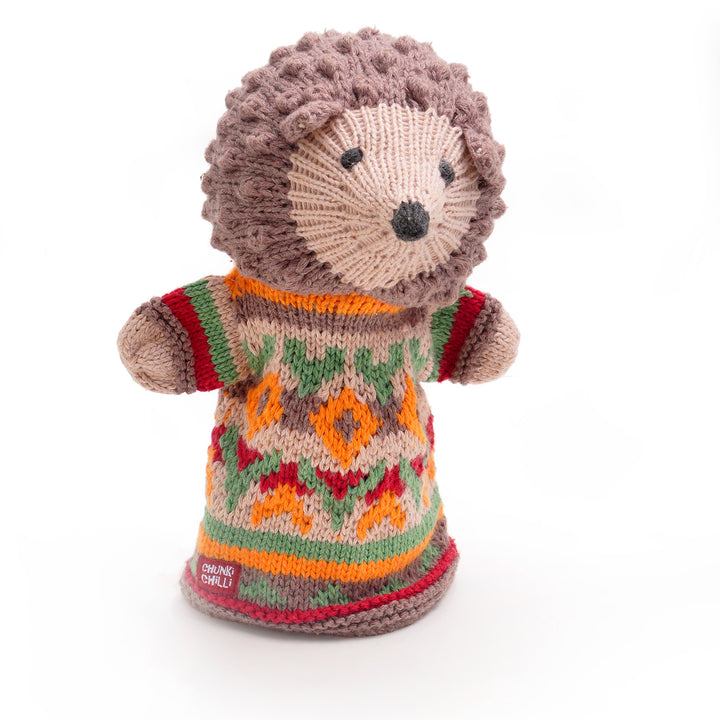 Chunki Chilli Hedgehog hand puppet in colourful knitted dress