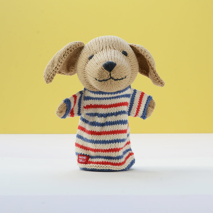 Chunki Chilli knitted Labrador hand puppet in striped jumper