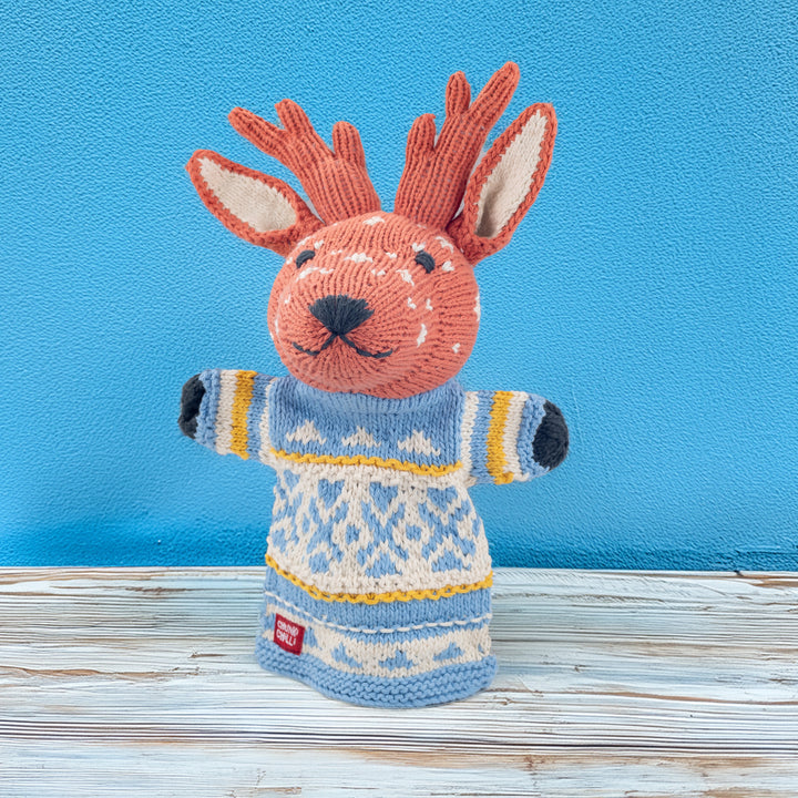 Chunki Chilli blue reindeer hand puppet in knitted jumper