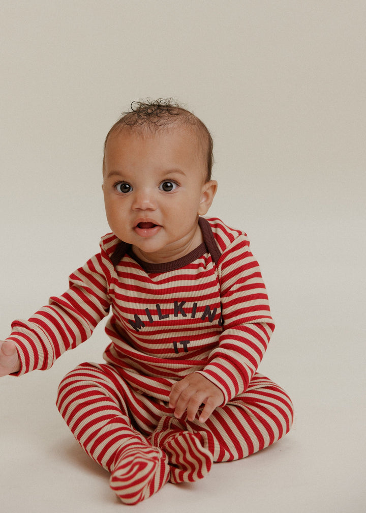 Claude & Co Milking It Baby Onesie – Crimson Stripe