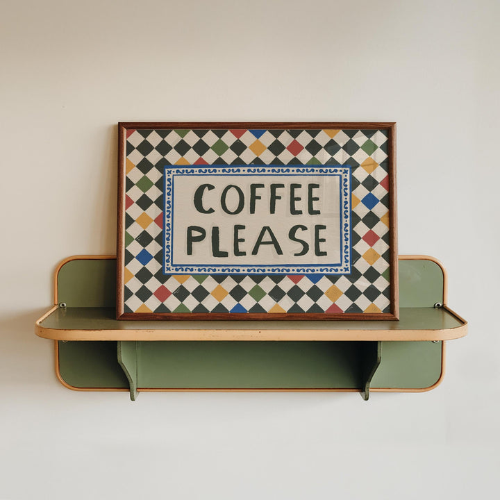 Jenna Crush Coffee Please art print on kitchen shelf
