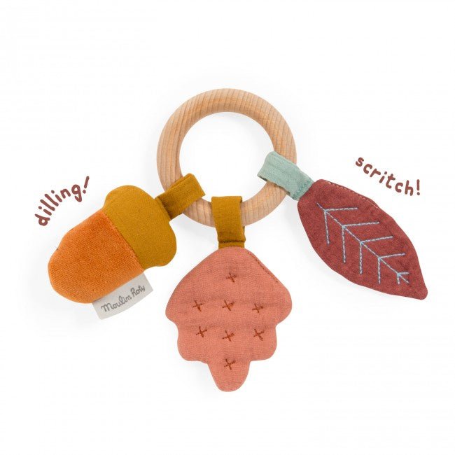 Moulin Roty: Wooden Oak Tree Ring Rattle - Après la pluie - Acorn & Pip_Moulin Roty