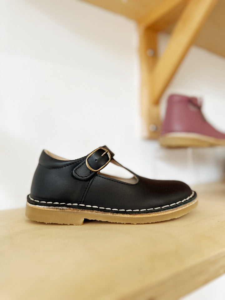 Petasil: Crosspatch T-Bar Shoes - Dark Brown Leather