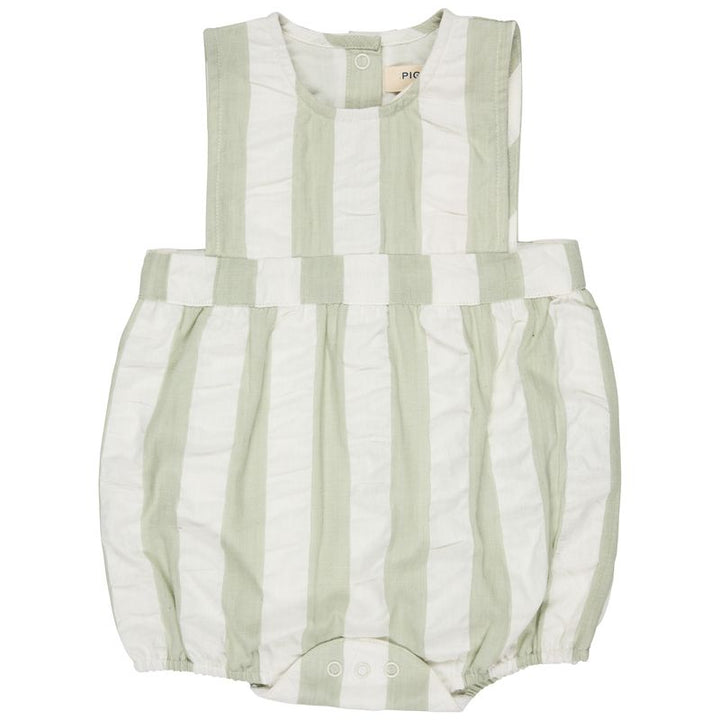 Pigeon Organics: Bib romper (seersucker wide stripe) Seafoam