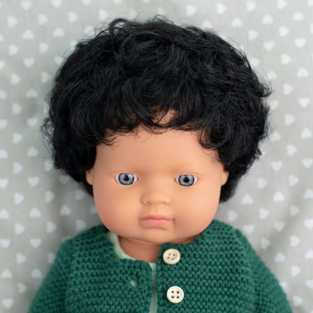 Miniland: Baby Boy- Black Hair / Blue Eyes - 38cm / Boxed - Acorn & Pip_Miniland